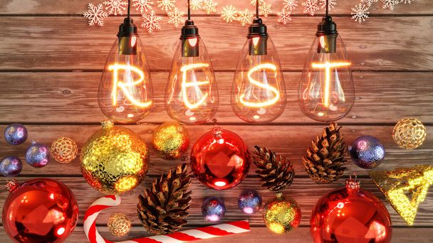 Descanso de Navidad - acogedora mesa de madera con adornos de Navidad con conos, bastón de caramelo, bolas brillantes y luces de bombilla incandescentes cálidas por encima de mostrar la palabra Descanso, 3d ilustración - Foto, imagen