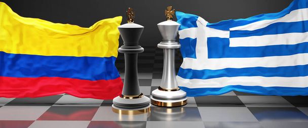 Colombia Grecia conversaciones, reunión o comercio entre esos dos países que tiene como objetivo resolver los problemas políticos, simbolizado por un juego de ajedrez con banderas nacionales, 3d ilustración - Foto, imagen