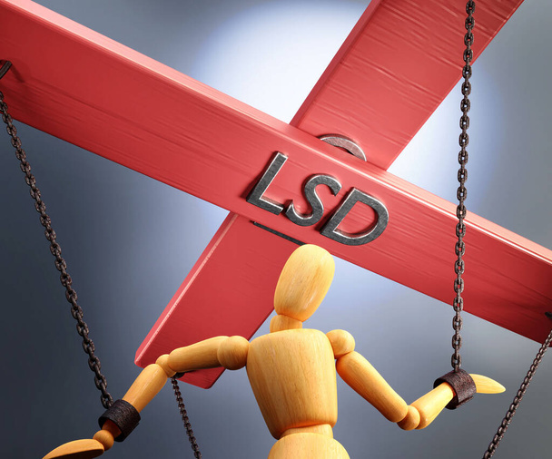 Lsd control, power, influence and manipulation symbolized by control bar with word Lsd pulling the strings (chains) of a wooden puppet, 3d illustration - Photo, Image