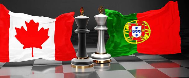 Canadá Portugal conversaciones, reunión o comercio entre esos dos países que tiene como objetivo resolver los problemas políticos, simbolizado por un juego de ajedrez con banderas nacionales, 3d ilustración - Foto, imagen