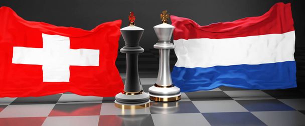 Suiza Países Bajos conversaciones, reunión o comercio entre esos dos países que tiene como objetivo resolver los problemas políticos, simbolizado por un juego de ajedrez con banderas nacionales, 3d ilustración - Foto, imagen