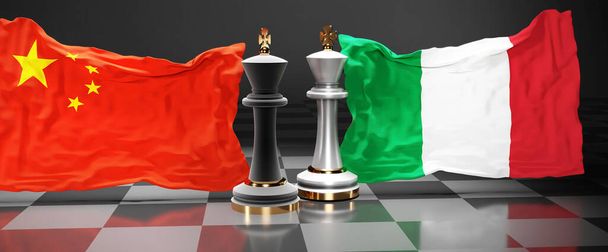 China Italia conversaciones, reunión o comercio entre esos dos países que tiene como objetivo resolver problemas políticos, simbolizado por un juego de ajedrez con banderas nacionales, 3d ilustración - Foto, imagen