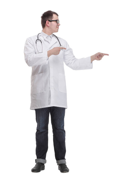 doctor man wearing coat and stethoscope standing over isolated white background with a smile on face - Фото, изображение