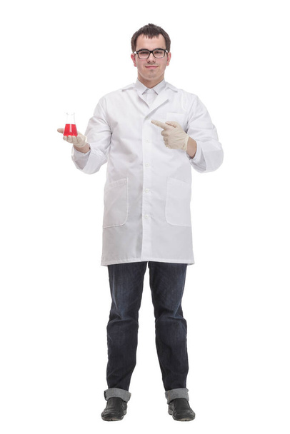 Cheerful male doctor in a white coat in gloves shows thumb up - Фото, зображення
