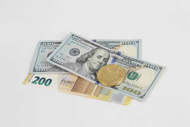 Euro, US Dollars and bitcoin coin - Foto, Imagem