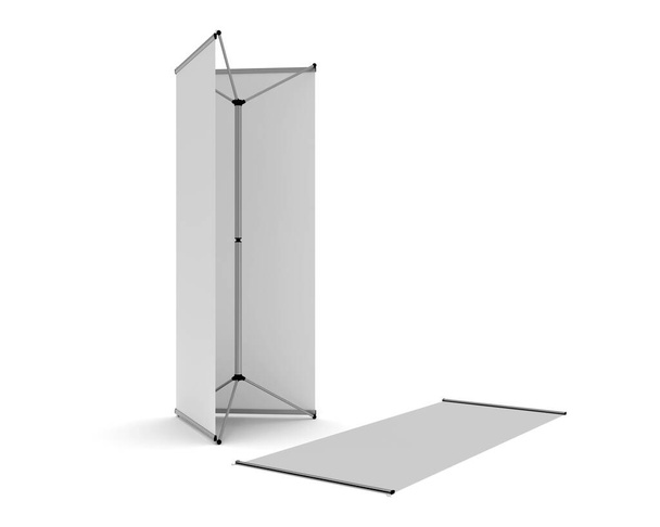Un mecanismo de exhibición de la señalización de la bandera de Tri con un panel quitado y acostado plano en el piso. 3D Render Ilustración aislada sobre un fondo blanco. - Foto, Imagen