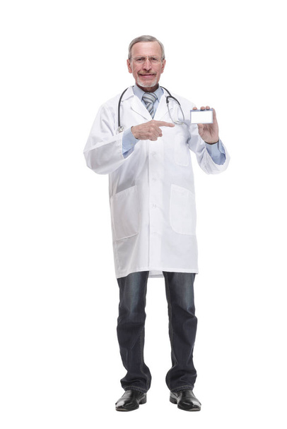 Senior doctor showing business card and thumbs up - Φωτογραφία, εικόνα