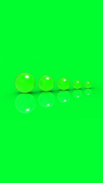 Five glass balls of different sizes of Neon Green color on Neon Green background. Growth of something. Progress. Vertical image. 3D image. 3D rendering. - Фото, изображение