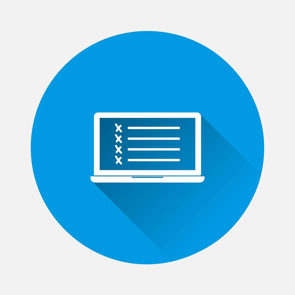 Vektor laptop képernyő ikon és ellenőrzőlista ikon kék háttér. Lapos kép hosszú árnyékkal. Rétegek csoportosítva a könnyű szerkesztés illusztráció. A tervezéshez.. - Vektor, kép