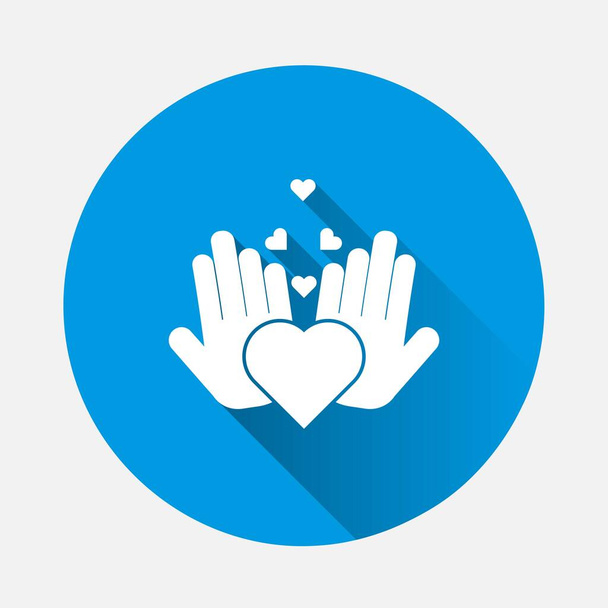 Icono vectorial de manos sosteniendo un icono de símbolo de atención médica del corazón sobre fondo azul. Imagen plana con sombra larga. Capas agrupadas para facilitar la edición de ilustraciones. Para su diseño. - Vector, imagen