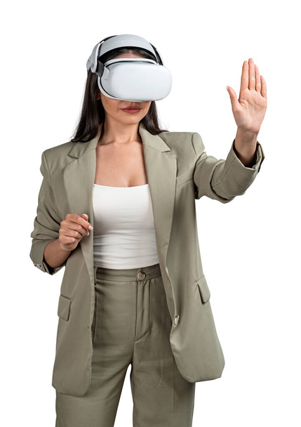 Businesswoman hand touch in virtual reality glasses, isolated over white background, beige suit. Concept of future technology and digital world - Φωτογραφία, εικόνα