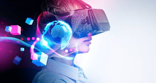 Businesswoman portrait in vr glasses headset, cyber world and digital data. Metaverse, blockchain technology. Concept of future and alternate reality - Photo, image