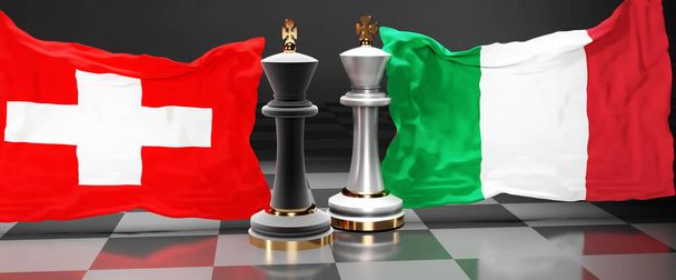 Suiza Italia conversaciones, reunión o comercio entre esos dos países que tiene como objetivo resolver los problemas políticos, simbolizado por un juego de ajedrez con banderas nacionales, 3d ilustración - Foto, imagen