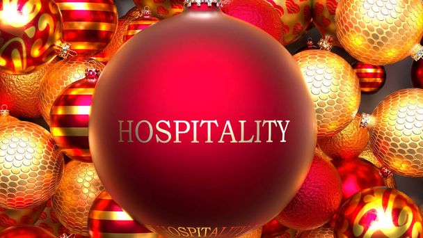 Noel Konukseverliği - düzinelerce altın zengini ve kırmızı tatil süsü ortasında kırmızı bir top, 3 boyutlu illüstrasyon - Fotoğraf, Görsel