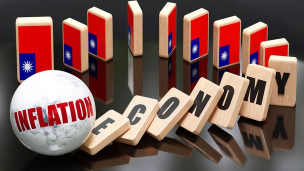 Ταϊβάν και ο πληθωρισμός, η οικονομία και το φαινόμενο του ντόμινο - αλυσιδωτή αντίδραση στην Ταϊβάν που προκαλείται από τον πληθωρισμό που προκαλεί κατάρρευση - μπλοκ της οικονομίας και σημαία της Ταϊβάν, τρισδιάστατη απεικόνιση - Φωτογραφία, εικόνα