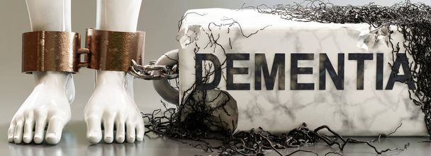 Demenza che intrappola, limita la vita, schiavizza e porta peso psicologico, simboleggiato da una pesante pietra decadente con la parola demenza e nero, edera velenosa., Illustrazione 3d - Foto, immagini