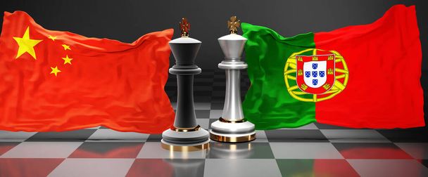 China Portugal habla, reunión o comercio entre esos dos países que tiene como objetivo resolver los problemas políticos, simbolizado por un juego de ajedrez con banderas nacionales, ilustración 3d - Foto, imagen