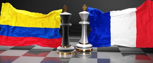Kolumbie Francie rozhovory, setkání nebo obchod mezi těmito dvěma zeměmi, které se zaměřují na řešení politických otázek, symbolizované šachovou partií s národními vlajkami, 3d ilustrace - Fotografie, Obrázek