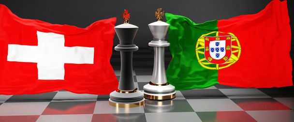 Bu iki ülke arasındaki siyasi meseleleri çözmeyi amaçlayan İsviçre Portekiz müzakereleri, toplantısı veya ticareti, ulusal bayraklarla oynanan bir satranç oyunu ve 3D illüstrasyonla sembolize ediyor - Fotoğraf, Görsel