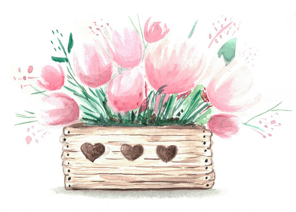 tulips in a basket  watercolor illustration  - Photo, image