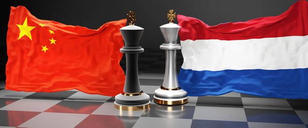 China Países Bajos conversaciones, reunión o comercio entre esos dos países que tiene como objetivo resolver los problemas políticos, simbolizado por un juego de ajedrez con banderas nacionales, 3d ilustración - Foto, imagen
