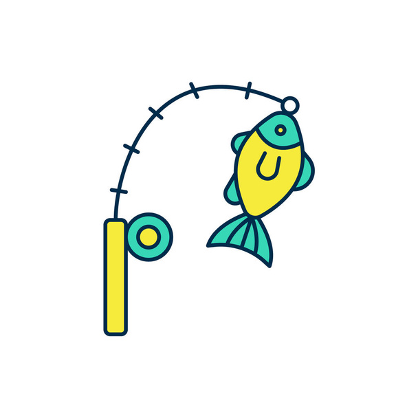 Esquema relleno Caña de pescar y pescado icono aislado sobre fondo blanco. Material de pesca y temas de piscicultura. Vector - Vector, Imagen