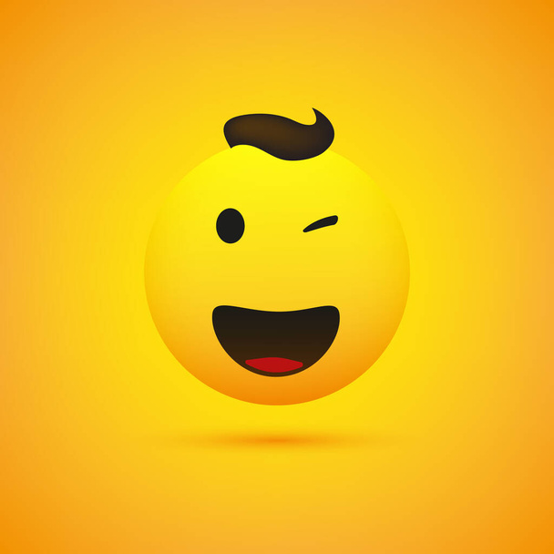 Smiling, Winking Emoji - Simple Happy Emoticon on Yellow Background - Vector Design - Vektör, Görsel