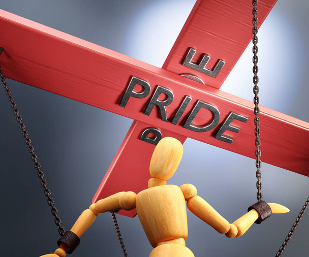 Pride control, power, influence and manipulation symbolizowane przez pasek sterowania ze słowem Pride pociągając za sznurki (łańcuchy) drewnianej marionetki, ilustracja 3D - Zdjęcie, obraz