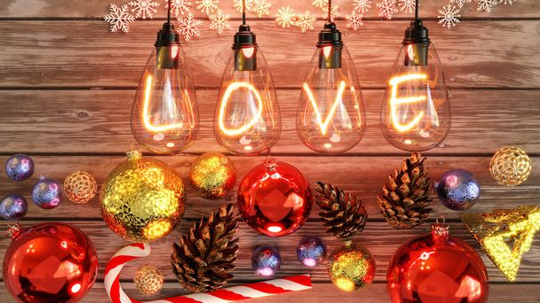 Kerstliefde - gezellige houten tafel met kerstversieringen met kegels, suikerriet, glimmende ballen en warme gloeilampen boven het woord Liefde, 3D-illustratie - Foto, afbeelding