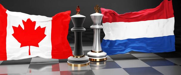 Καναδάς Ολλανδία συνομιλίες, συνάντηση ή το εμπόριο μεταξύ των δύο χωρών που στοχεύει στην επίλυση των πολιτικών ζητημάτων, συμβολίζεται από ένα παιχνίδι σκάκι με εθνικές σημαίες, 3d εικονογράφηση - Φωτογραφία, εικόνα
