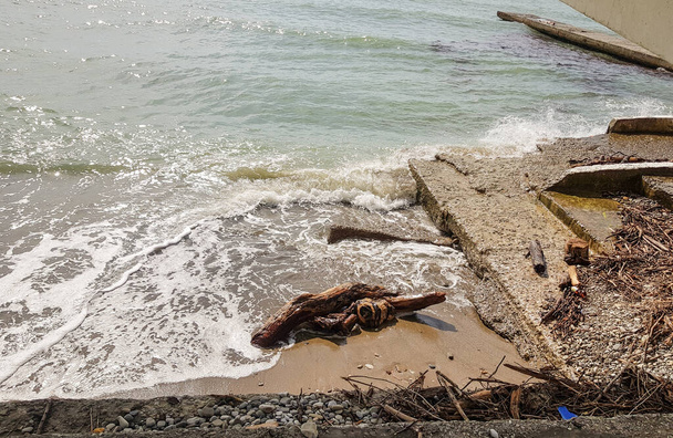 嵐の後、浜辺の小石の海岸の大きな丸太や他の破片。生態学の概念。閉鎖. - 写真・画像