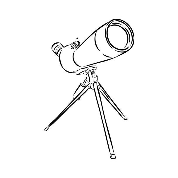 Astronoom apparatuur telescoop monochroom vector. Staande telescoop voor het verkennen en observeren van Melkweg en kosmos. Discovery optisch apparaat ontworpen in retro stijl zwart-wit illustratie - Vector, afbeelding