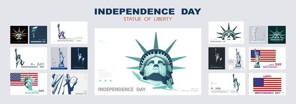 Independence day portrait Statue of Liberty, poster presentation. Set of green flat design templates. USA flag Holiday. The national symbol of America New York, banner.Name of advertising text, vector, collage, computer, architecture, screen, concept - Vector, Image