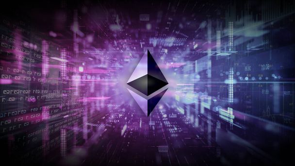 3D rendering etherium cryptocurrency coin on colorful background, cryptocurrency concept color art - 写真・画像