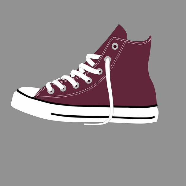 Burgundy sneakers with white laces on a gray background. Side view. - ベクター画像