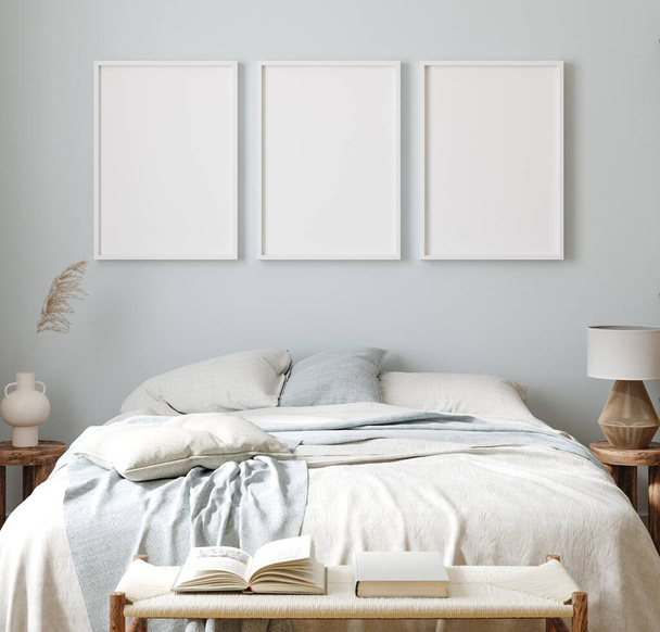 Mock-up poster frame in bedroom, Scandinavian style, 3d render - Valokuva, kuva