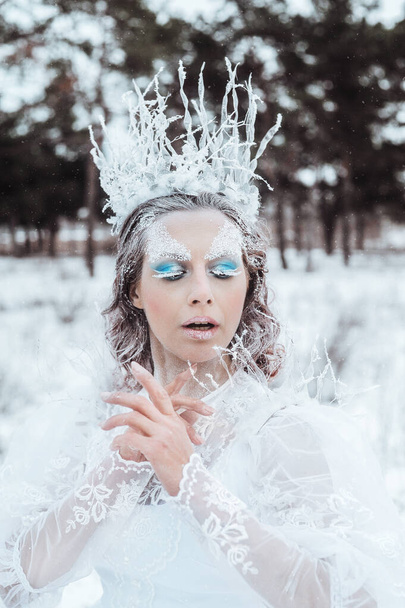 Nahaufnahme stilisiertes Porträt einer schönen Frau mit Kunstschminke im verschneiten Wald im Winter. Das Schneekönigin-Konzept. - Foto, Bild