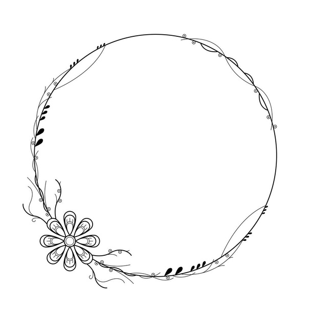 Abstract Black Simple Line Round Circle With Leaf Leaves Frame Flowers Doodle Outline Element Vector Design Style Sketch Isolated Illustration For Wedding And Banner - Wektor, obraz