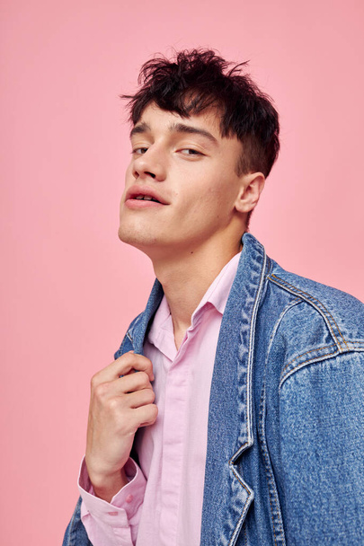 Photo of romantic young boyfriend self confidence fashion clothing studio pink background unaltered - Φωτογραφία, εικόνα
