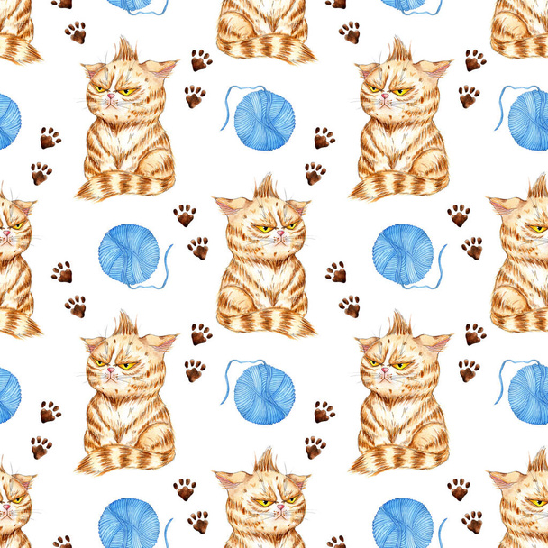 Watercolor illustration of a ginger kitten and a ball of yarn. Seamless repeat cat print with wool balls and paw prints. A toy for a cat. Knitting is a hobby. For children's textiles, wallpapers, covers. Isolated on white background. - Vetor, Imagem