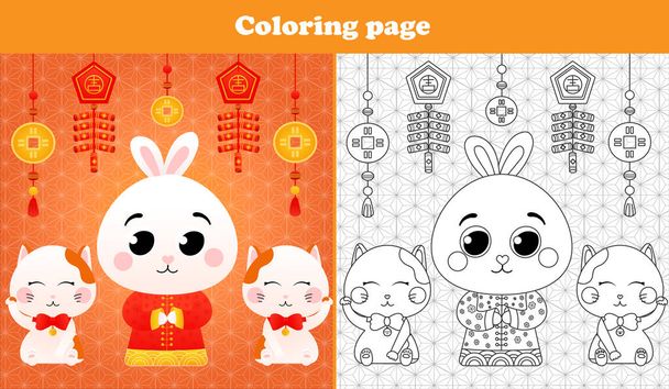 Werkblad met kleurplaat voor kinderen met konijn in het Chinees traditioneel kostuum met lantaarn en gelukkige katten - Vector, afbeelding