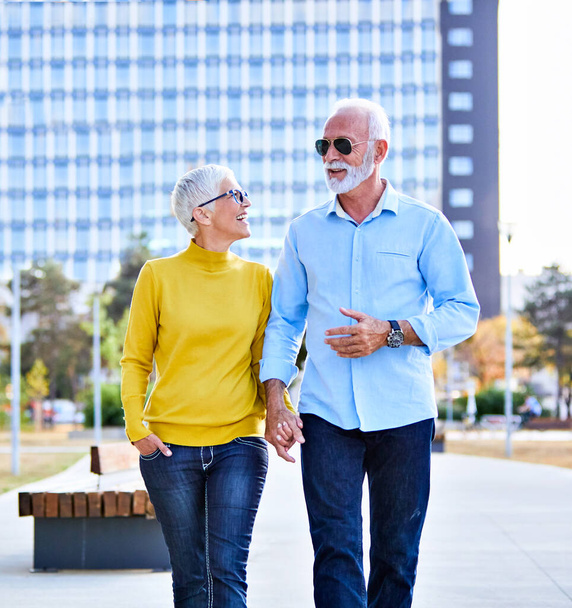 senior couple happy elderly love together cheerful smiling portrait holding hands woman retirement man - Foto, Imagen