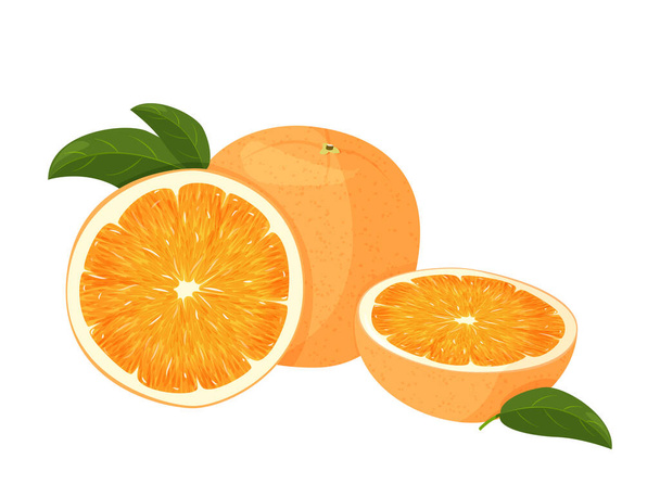 Pomarańczowy cały i plasterek pomarańczy z zielonymi liśćmi. Ilustracja wektorowa pomarańczy izolowanych na białym tle. - Wektor, obraz
