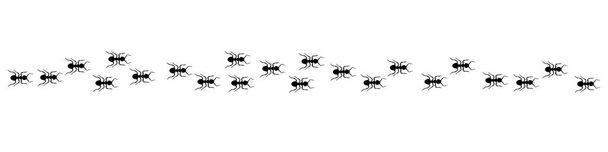 Муравьиный след Линия рабочих муравьёв марширует в поисках пищевых векторных иллюстраций горизонтальный баннер Ant road column Командная работа Метафора тяжёлого труда. Силуэты черных насекомых путешествуют изолированными - Вектор,изображение