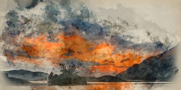 Aquarelle numérique de Panorama paysage magnifique lever de soleil sur le lac dans la chaîne de montagnes - Photo, image