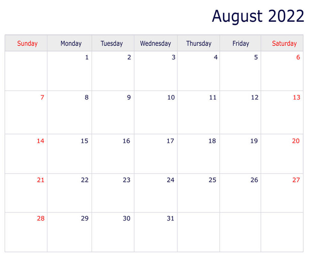 August Calendar 2022 with copy space and table - Photo, Image
