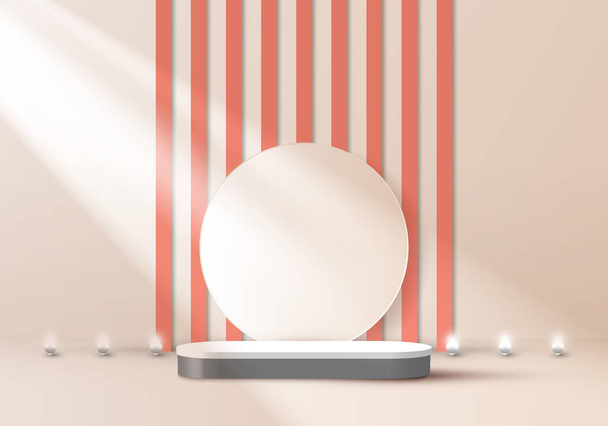 3D realista elegante pantalla blanca y gris pedestal podio con battens telón de fondo y llevó bombilla de neón, la luz brilla desde el fondo de la habitación del estudio de la ventana. Usted puede utilizar para los productos cosméticos de la demostración, escaparate de la etapa. Ilustración vectorial - Vector, imagen