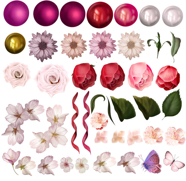 Különböző elemekkel. Virágok, levelek, pillangó. Illusztráció - Fotó, kép