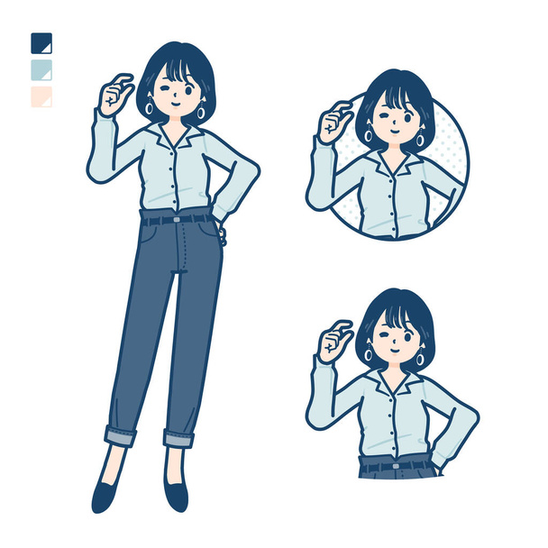 Young woman in an open-collared shirt with Just a bit Hand sign images.It's vector art so it's easy to edit. - Vecteur, image