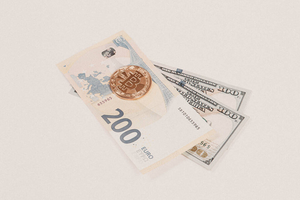 Euro, US Dollars and bitcoin coin - Foto, Imagem